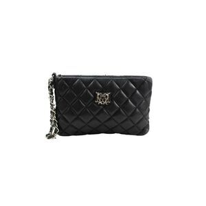 Love Moschino Womens Zip Top Quilted Leather Logo Wristlet Handbag Black